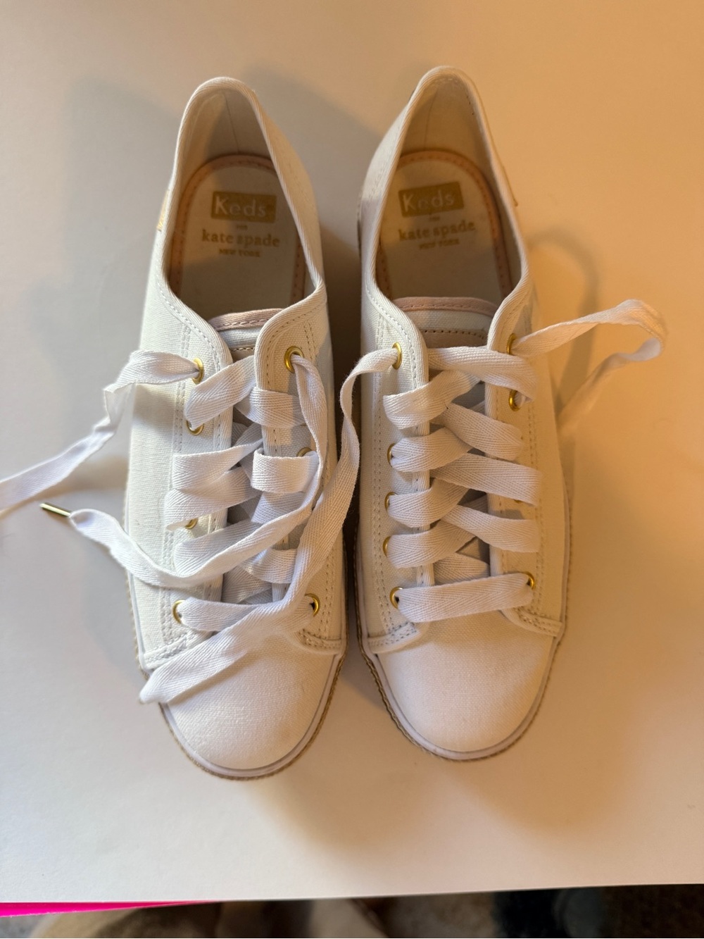 kate spade Keds White Canvas Sneakers with Gold Eyelets